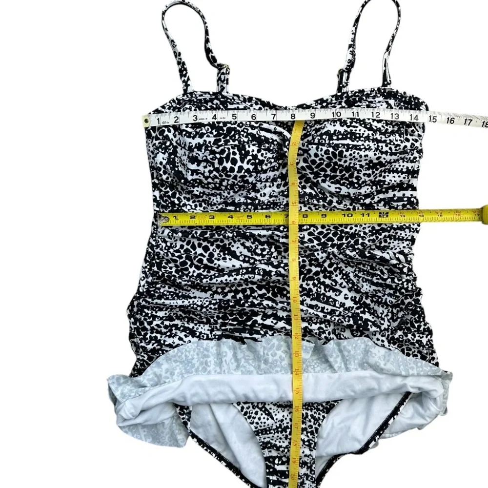 KIM GRAVEL Women’s Skirted 1- Pc. Swimsuit‎ Blk/Wt Leopard Print Ruching Bra 14